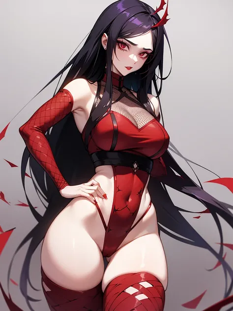 a fair-skinned woman of slender build. She has long black untamed hair reaching her upper back, and very unique eyes that are red in colour, with an additional ring in them. She wears make-up consisting of red lipstick and purple eye shadow. Her regular ou...