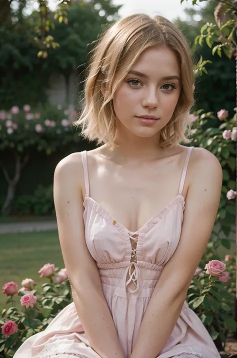 8k, RAW photo, Fujifilm, style photo of a beautiful young woman as avril in a garden of light pink roses (highly detailed skin: 1.2) Style-Petal BREAK short hair, blonde hair with colored locks, wearing a dress, film granulation, 35mm, cute style