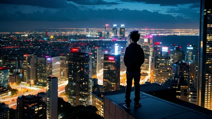 Anime boy standing on a ledge overlooking the night city, HD anime cityscape, by Yuumei, Approaching the city, Tokyo Anime Scene, Distant City of Fire, Explosive, author：Cyril Rolland, Ultra HD Anime Wallpaper, Awesome Wallpapers, Beautiful anime scene, Ov...