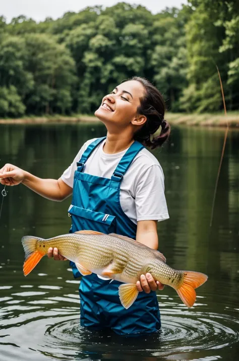 Woman catching fish with two hands