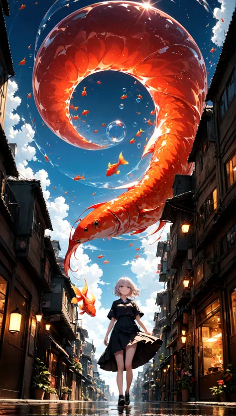 woman(student, 15 years old, ＪＫ, Short silver hair floating, Space-colored eyes, school black uniform, Pale skin, Tired face、lack of shine in the eyes) Looking up at the sky, (Many shiny red scale goldfish swimming in the air), (Transparent bubbles, like t...