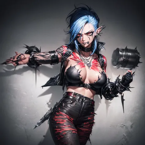 (((((a single woman))))), (((Rockeira))), (((lip piercing))), (((Large flare on lobes))), Roupa cyberpunk na cor preto e branco, Jaqueta de couro, (((Cabelo azul no estilo emo girl))), medium breasts, pulseira com spikes, brass knuckles necklace, (((black ...