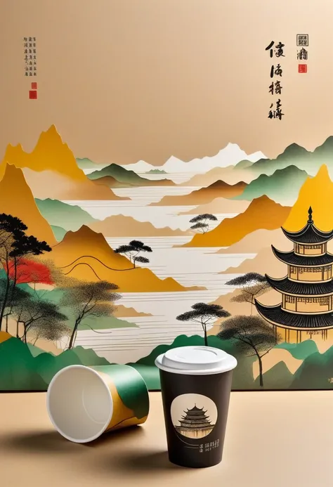 kraft paper cups，printing：geometric abstract ink，explaining jiangnan landscape architecture，wu guanzhong&#39;s style、it is an ar...