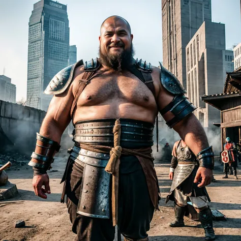 looking at us, shoot from front, face focus, Bandit, Fat ferocious barbarian:2, This barbarian is a robust stocky Japanese, smirking, mid combat, intense battle scene, leather and iron armor, armored short skirt, holding a Viking War Axes, legs exposed fro...