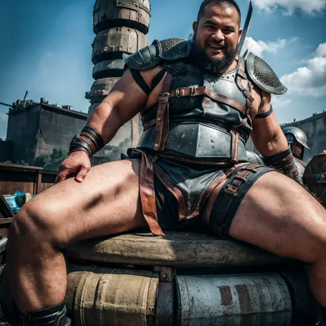 looking at us, shoot from front, face focus, Bandit, Fat ferocious barbarian:2, This barbarian is a robust stocky Japanese, smirking, mid combat, intense battle scene, leather and iron armor, armored short skirt, holding a Viking War Axes, legs exposed fro...