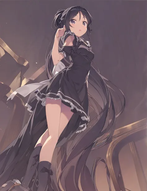 A woman in a black maid outfit　black hair very long hair、Updo