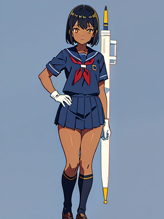 dark skin, short hair, yellow eyes, black hair, white and blue sailor uniform, red tie sailor, beautiful girl, thin, black MMA glove, full body, japanese school background