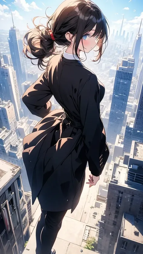 With anime style illustrations teenage girl stand with your back to Surrounded by a city, blue eyes, brown hair tied back, wearing a black suit, good figure.