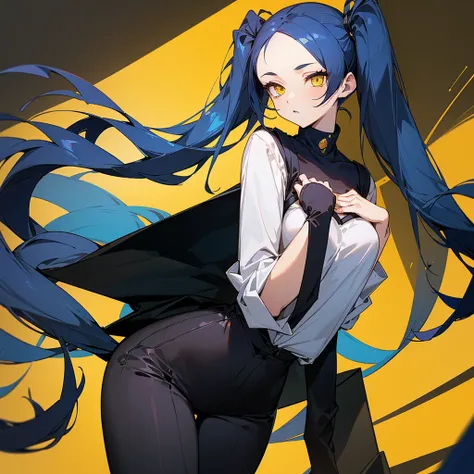 (One very tall, good looking woman,Navy Blue Hair,Her hairstyle is twin tails that expose her forehead., yellow eyes,Medium chest,Dynamic Angle Tall)Thick Black１Color ,Black trousers,The background is the busy Shibuya area at night