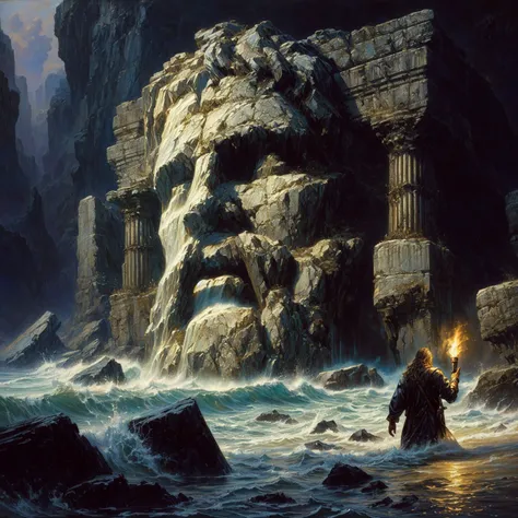 ((masterwork, high quality)), painting of an adventurer with a torch wading through the surf in front of a cracked stone sculpture, michael whelan kunst, Michael Whelan und Gustave fertig, by Tim Hildebrandt, von Ted Nasmith, von Joe Jusko, von Howard Lyon...