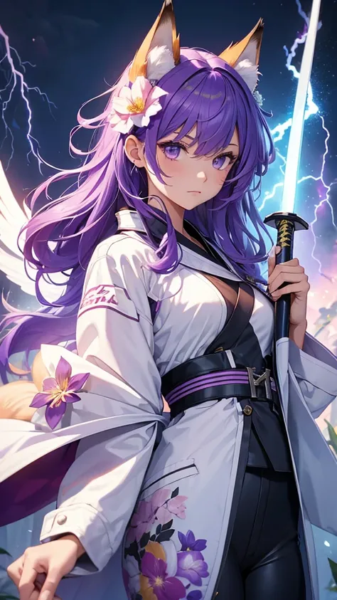 Girl in a police suit holding a sword with a lightning background with purple hair with a flower in her hair winged her a girl with fox ears with brushed hair wearing a white kimono with flowers 