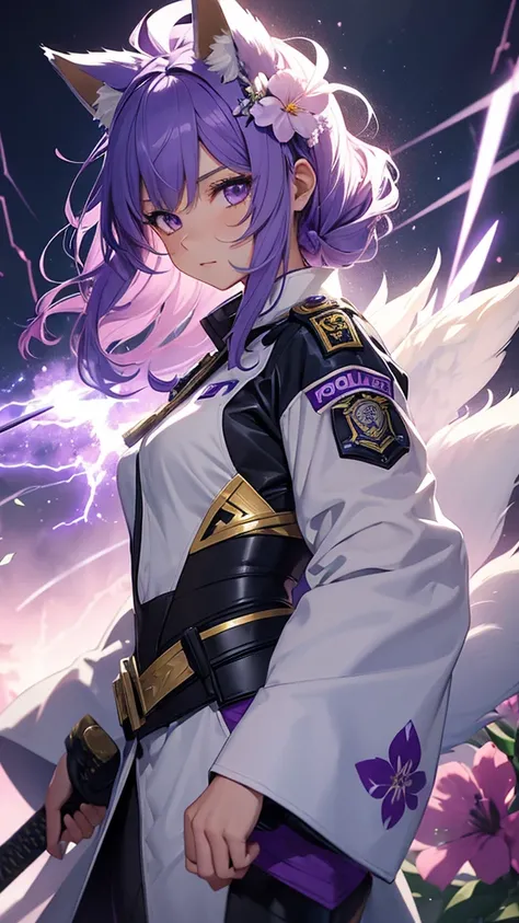 Girl in a police suit holding a sword with a lightning background with purple hair with a flower in her hair winged her a girl with fox ears with brushed hair wearing a white kimono with flowers 