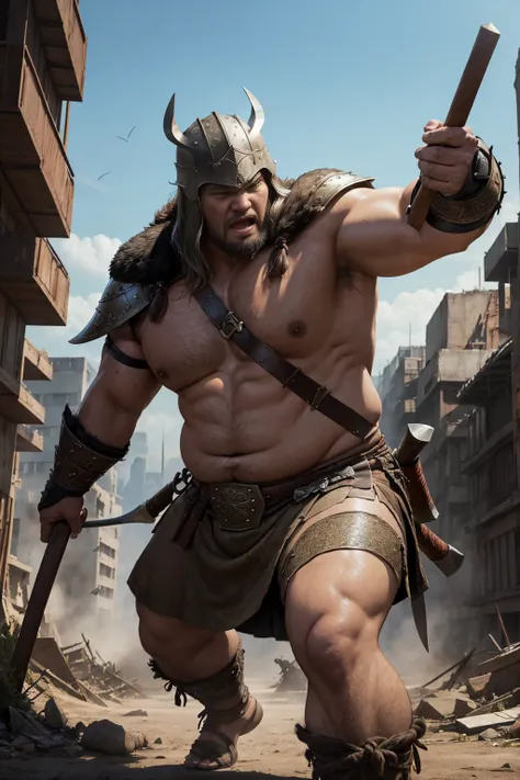 looking at us, shoot from front, face focus, Bandit, Fat ferocious barbarian:2, This barbarian is a robust stocky Japanese, smirking, mid combat, intense battle scene, leather and iron armor, armored short skirt, holding a Viking War Axes, viking helmet, l...