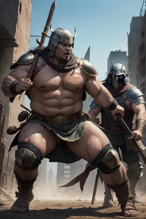 looking at us, shoot from front, face focus, Bandit, Fat ferocious barbarian:2, This barbarian is a robust stocky Japanese, smirking, mid combat, intense battle scene, leather and iron armor, armored short skirt, holding a Viking War Axes, viking helmet, l...