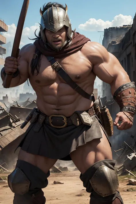 looking at us, shoot from front, face focus, Bandit, Fat ferocious barbarian:2, This barbarian is a robust stocky Japanese, smirking, mid combat, intense battle scene, leather and iron armor, armored short skirt, holding a Viking War Axes, viking helmet, l...