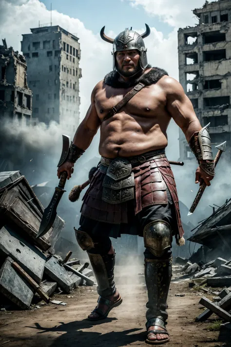 looking at us, shoot from front, face focus, Bandit, Fat ferocious barbarian:2, This barbarian is a robust stocky Japanese, smirking, mid combat, intense battle scene, leather and iron armor, armored short skirt, holding a Viking War Axes, viking helmet, l...