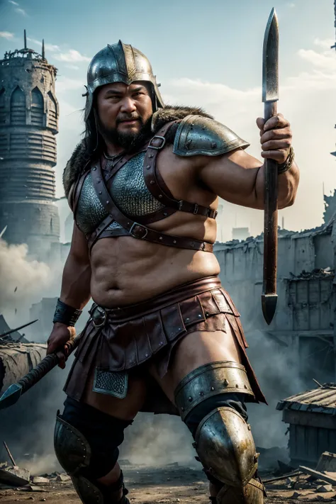 looking at us, shoot from front, face focus, Bandit, Fat ferocious barbarian:2, This barbarian is a robust stocky Japanese, smirking, mid combat, intense battle scene, leather and iron armor, armored short skirt, holding a Viking War Axes, viking helmet, l...