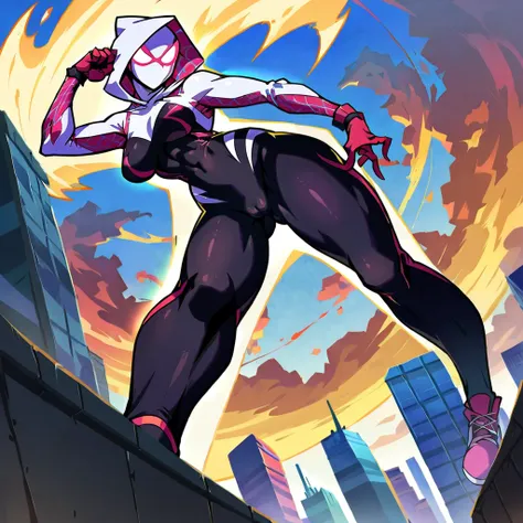 score_9, score_8_up, score_7_up, score_6_up, score_5_up, (high quality, detailed, absurdres, high resolution, masterpiece, beautiful), detailed soft lighting, rating_safe, source_cartoon, Pixar style, Spider Gwen, (wearing Spider Gwen mask and hood:1.5), c...