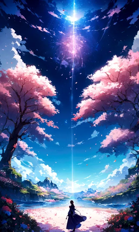 Master Parts, highest quality, (Highly detailed CG unit 8k wallpaper) (highest quality), (Best illustrations), (Best Shadow) nature&#39, blue sea,delicate leaves、Mr.々Light tracking of colorful petals falling into the air, Super detailed--v6