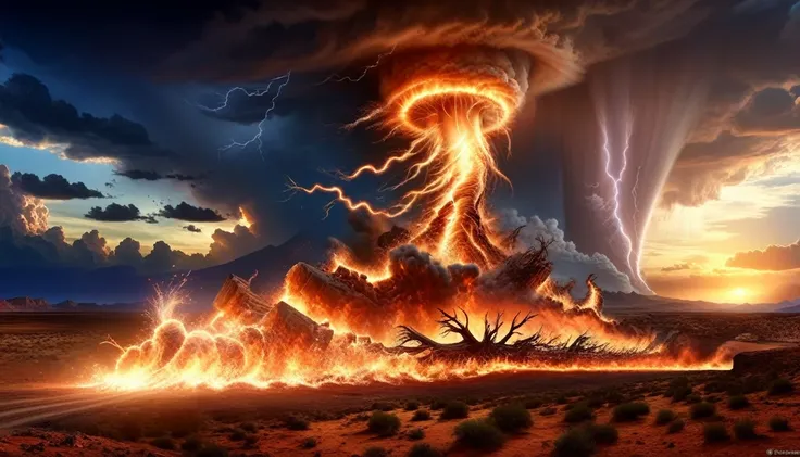 lightning fire tornadoes, arid apocalyptic landscape, caos destrutivo, brasas brilhantes, Inferno rodopiante, nuvens escuras sinistras, desolation and despair, Ventos violentos, thunder beating, terrifying spectacle, last breaths of life, devastation and r...