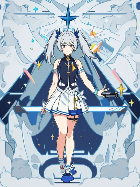 1girl, anime girl, silver hair, long twintails, silver eyes, skirt, honkai starrail style