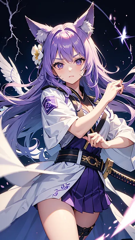 Girl in a police suit holding a sword with a lightning background with purple hair with a flower in her hair winged her a girl with fox ears with brushed hair wearing a white kimono with flowers 