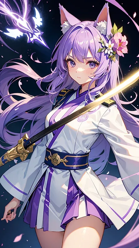 Girl in a police suit holding a sword with a lightning background with purple hair with a flower in her hair winged her a girl with fox ears with brushed hair wearing a white kimono with flowers 