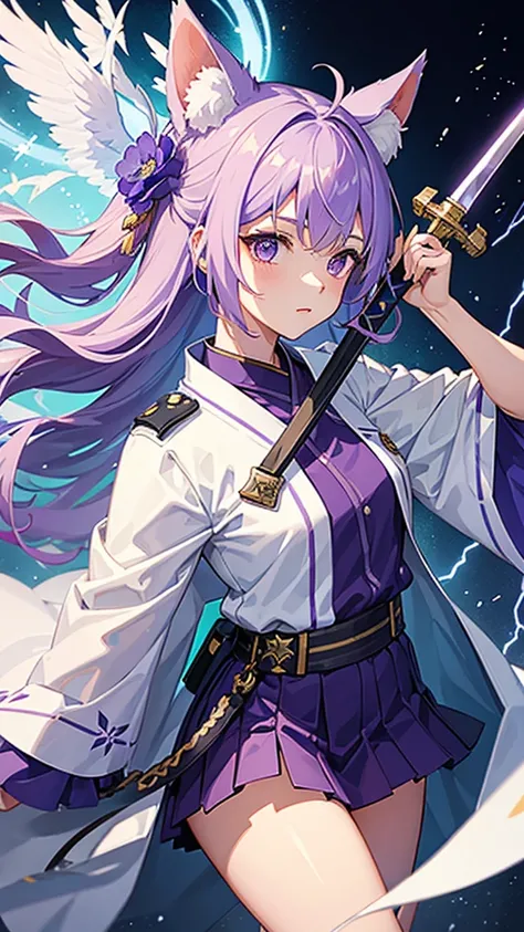 Girl in a police suit holding a sword with a lightning background with purple hair with a flower in her hair winged her a girl with fox ears with brushed hair wearing a white kimono with flowers 