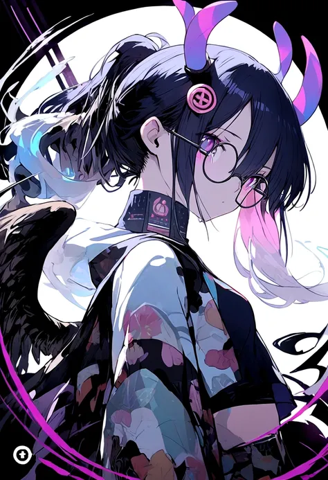 A beautiful anime young woman,with deer horns that has dangling beeds with diamonds,and four black wings,has long dark greyish hair  and beautiful black eyes wearing black round rimmed glasses,wears an all black sleeveless turtle neck crop top and baggy je...