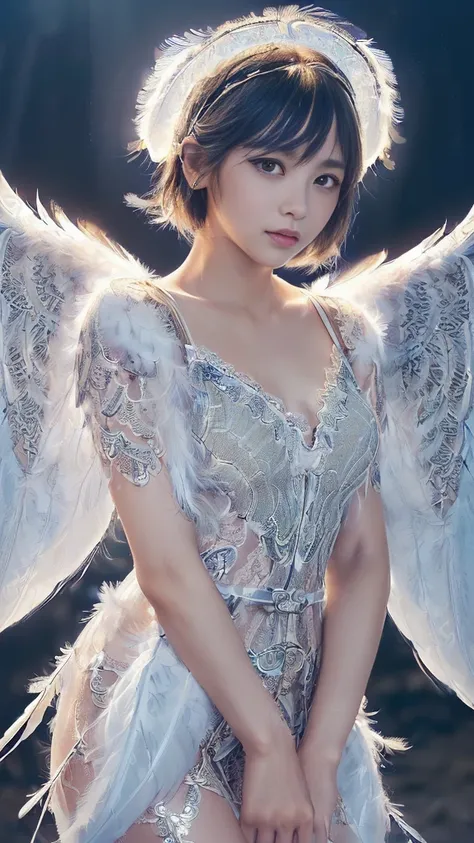 (A Ultra cute young Japanese Angel:1.75), (She has real Angel wings:1.75),(she wearing a decorated with feathers and lace holy angel costume slim fit:2.0),(She is an angel floating in the air:1.5),(beautiful detailed eyes:2.0),beautiful detailed lips, (ext...