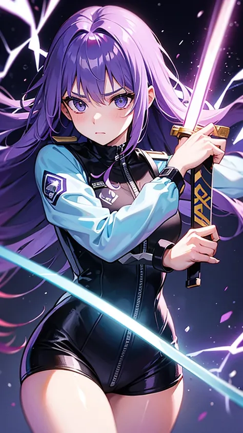 Girl in a police suit holding a sword with a lightning background with purple hair with a flower in her hair 