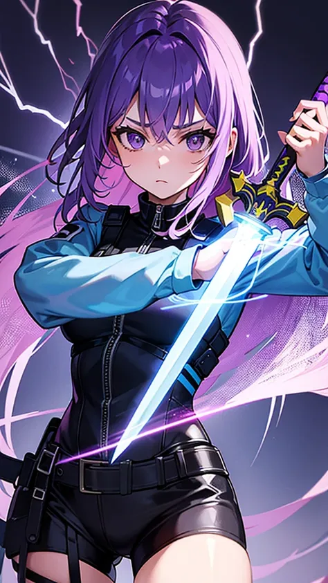 Girl in a police suit holding a sword with a lightning background with purple hair with a flower in her hair 