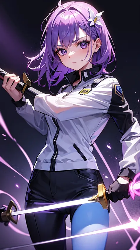 Girl in a police suit holding a sword with a lightning background with purple hair with a flower in her hair 