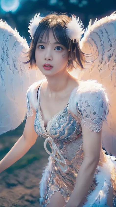 (A Ultra cute young Japanese Angel:1.75), (She has real Angel wings:1.75),(she wearing a decorated with feathers and lace holy angel costume slim fit:2.0),(She is an angel floating in the air:1.5),(beautiful detailed eyes:2.0),beautiful detailed lips, (ext...