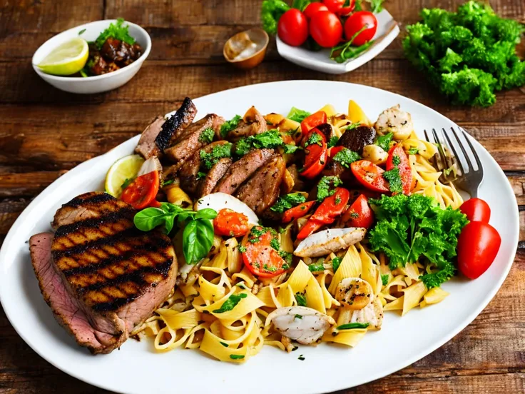 beef steak, grilled chicken and seafood pasta, each on a white plate.