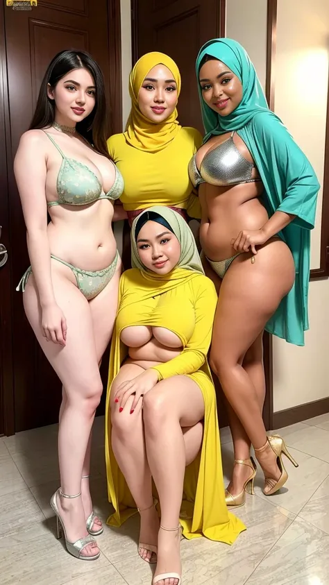 Detil 3beautiful women, smile hijab  ,eropa, Indonesian,asia ,body thick,sexy model,bbw body,curve body,paha besar, memakai bikini motif bunga oerah pingk kuning hijau emas silver sedang jalan di hotel 