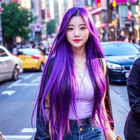 1woman hair purple, mid 20 years old, sexy body, in the city, , vibrant colors, ultra high realistic, ultra high quality