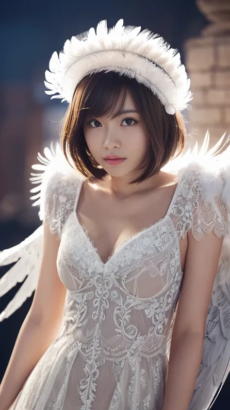 (A Ultra cute young Japanese Angel:1.75), (She has real Angel wings:1.75),(she wearing a decorated with feathers and lace holy angel costume slim fit:2.0),(She is an angel floating in the air:1.5),(beautiful detailed eyes:2.0),beautiful detailed lips, (ext...