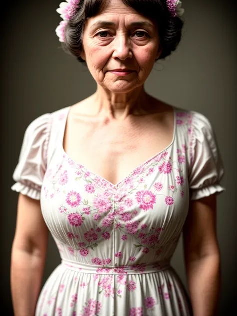 Photo of grandma in dress,early 20th century floral dress, straight front view, Chest-high portrait, specular lighting, dslr, ultra quality. sharp focus, tack sharp, dof, film grain, Fujifilm XT3, crystal clear, 