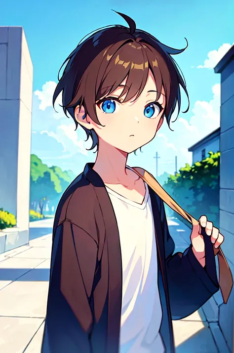 [(CITY BACKGROUND:1.5),::5], (((masterpiece))), high quality, very_high_resolution, large_filesize, full color, Solo, (1 little boy), 13 old year, (short brown hair), vivid color, Blue eye, summer clothes, upper body, anime style