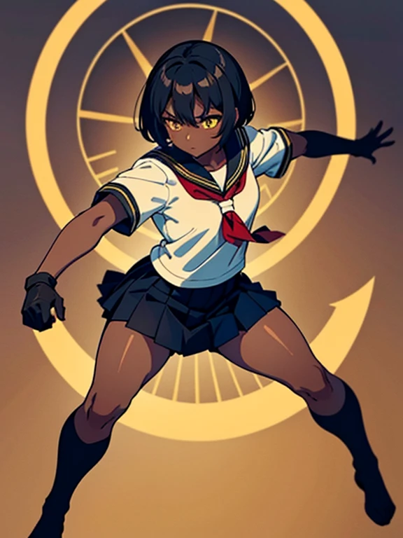 masterpiece, best quality, dark skin, short hair, yellow eyes, black hair, white sailor uniform, red tie sailor uniform, beautiful girl, thin, black MMA glove, full body, fight pose, japanese school background