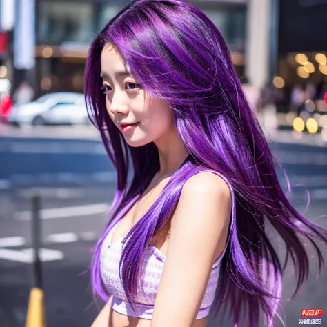 1woman hair purple, mid 20 years old, sexy body, in the city, , vibrant colors, ultra high realistic, ultra high quality