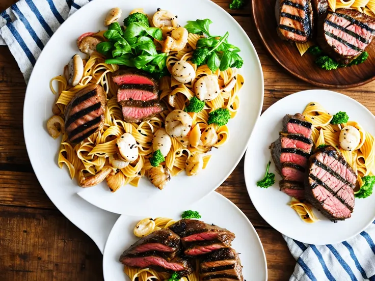 beef steak, grilled chicken and seafood pasta on individual white plates.