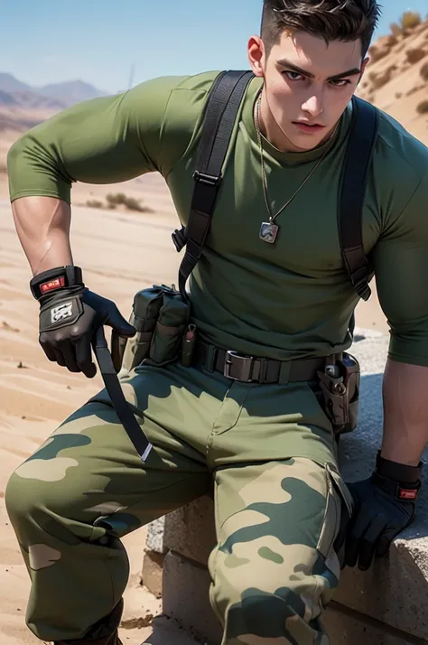 ((masterpiece)), ((best quality:1.2)), High Resolution, 8k, (ultra_realistic:1.3), (photorealistic:1.4), sharp focus, yaoi, 1boy, (perfect face), Indonesian soldier, caucasian, white man, handsome sexysoldier, camouflage pants, tank top, dog tags, gloves, ...