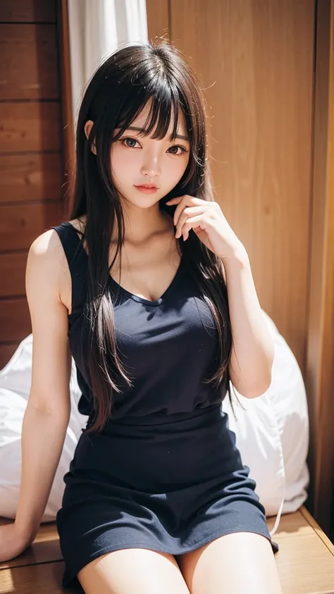 8k、highest quality、masterpiece、超A high resolution、photograph、Beautiful Japanese Woman、Single-lens reflex camera、、Transparent atmosphere、Sexy lips、Diagonal bangs、Beautiful Face、Medium Long Hair、Creating Bangs、smile、Natural soft light、Wore skirts