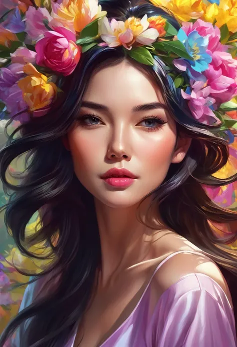 a painting of a woman with flowers in her hair, by Yang J, trending on cg society, digital art, young woman with long dark hair, 8 k hd detailed oil painting, style of artgerm, beautiful painting of a tall, vivid colors