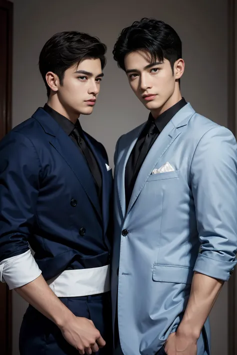 ((masterpiece)),((best quality)),8K,High Detail,Very detailed, Very manly，2 men, like，fashion pose, Real skin texture, Light,
Royal blue style couple