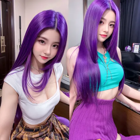 1woman hair purple, mid 20 years old, body, in the room,vibrant colors, ultra high realistic, ultra high quality