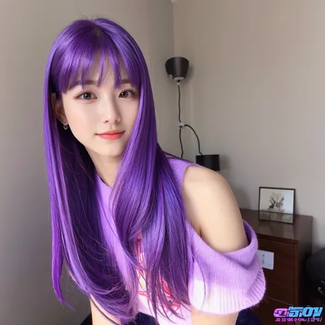 1woman hair purple, mid 20 years old, body, in the room,vibrant colors, ultra high realistic, ultra high quality