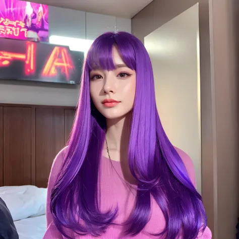 1woman hair purple, mid 20 years old, body, in the room,vibrant colors, ultra high realistic, ultra high quality